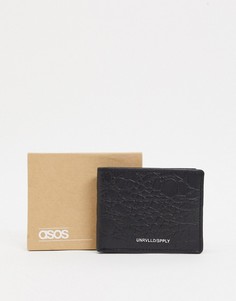 Черный кожаный кошелек двойного сложения с эффектом крокодиловой кожи ASOS DESIGN