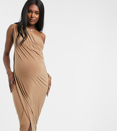 Элегантное платье макси на одно плечо с разрезом до бедра бежевого цвета Club L London Maternity-Светло-коричневый