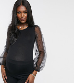 Черная блуза с сетчатыми рукавами из органзы добби Mamalicious Maternity-Черный Mama.Licious