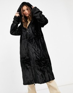 Черное длинное пальто из искусственного меха с капюшоном и кулиской Jayley-Черный