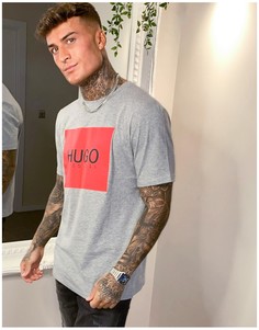 Серая футболка с логотипом на прямоугольной вставке HUGO Dolive_U204-Серый