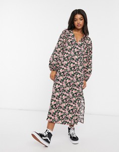 Черное платье миди с длинными рукавами-фонариками и цветочным принтом ASOS DESIGN-Мульти