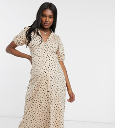 Бежевое чайное платье миди в черный горошек ASOS DESIGN Maternity-Коричневый