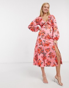 Атласное платье миди с разрезами и цветочным принтом ASOS DESIGN-Мульти