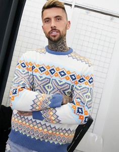 Вязаный джемпер в стиле oversized с разноцветным узором ASOS DESIGN-Синий
