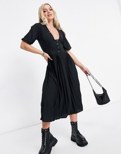 Черное платье миди в складку с короткими рукавами и пуговицами ASOS DESIGN-Черный