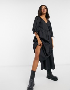 Черное свободное платье миди из поплина с запахом ASOS DESIGN-Черный