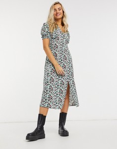 Платье миди с круглым вырезом и голубым цветочным принтом New Look-Синий
