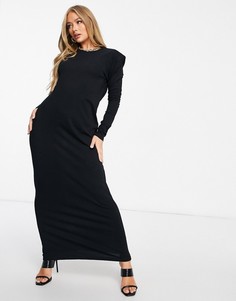 Черное платье макси с подплечниками и длинными рукавами ASOS DESIGN-Черный