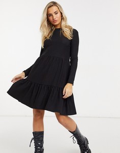 Многоярусное свободное платье черного цвета с длинными рукавами и воланом New Look-Черный