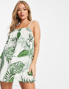Пляжный присобранный сарафан с принтом пальмовых листьев ASOS DESIGN-Мульти