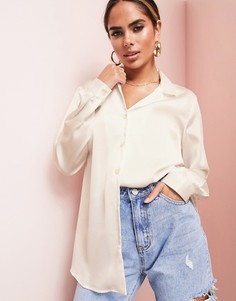 Светло-бежевая атласная рубашка свободного кроя с длинными рукавами ASOS LUXE-Коричневый