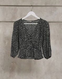 Черная блузка со звериным принтом и V-образным вырезом Stradivarius-Коричневый