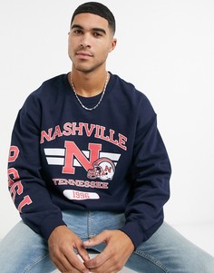 Темно-синий свитшот с принтом в университетском стиле Topman