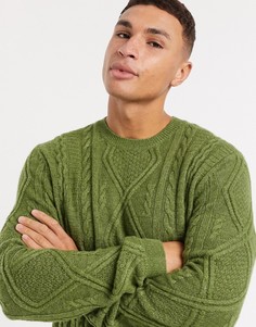 Оливковый свитер из овечьей шерсти с вязкой косами  ASOS DESIGN-Зеленый