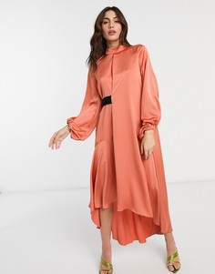 Платье миди с пышными рукавами и высоким воротником ASOS DESIGN-Коричневый