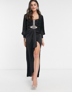 Платье миди с объемными рукавами и вставкой в корсетном стиле ASOS DESIGN-Синий