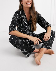 Черный пижамный комплект с рубашкой и прямыми брюками из 100% модала с принтом звездного неба ASOS DESIGN-Темно-синий
