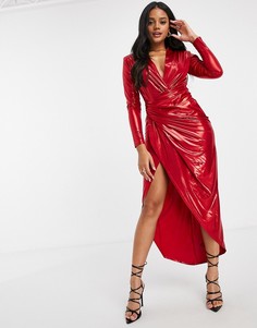 Красное блестящее платье макси с запахом и длинными рукавами John Zack-Красный