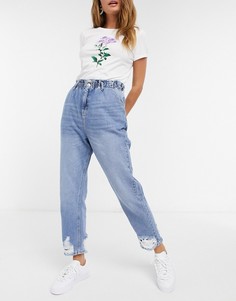 Светлые джинсы в винтажном стиле с присборенной талией и кромкой с прорехами Urban Bliss-Синий
