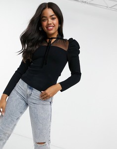 Черный джемпер с вставкой из сетки и завязкой на воротнике ASOS DESIGN