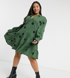 Ярусное свободное платье с длинными рукавами цвета хаки в черный горошек ASOS DESIGN Curve-Зеленый