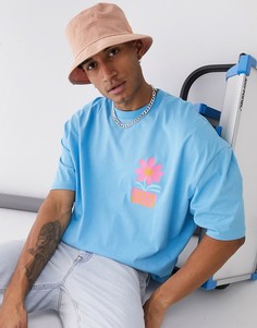 Голубая oversize-футболка с принтом в виде цветка и текста на груди ASOS DESIGN-Синий