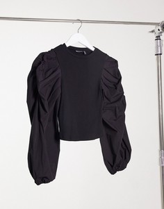 Черная поплиновая футболка в рубчик с пышными рукавами ASOS DESIGN-Черный