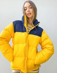 Желтый пуховик с контрастной вставкой Lacoste