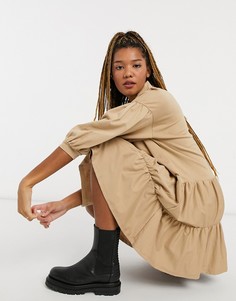 Ярусное платье-рубашка мини бежевого цвета ASOS DESIGN-Бежевый