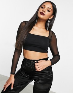 Черный укороченный топ с квадратным вырезом и сетчатыми рукавами ASOS DESIGN