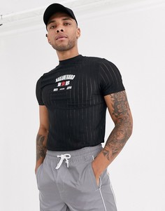 Облегающая футболка в полоску с принтом на груди ASOS DESIGN-Черный