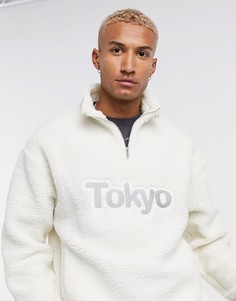 Белый плюшевый oversized-свитшот с молнией до груди и надписью "Tokyo" ASOS DESIGN