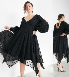 Платье миди в горошек с объемными рукавами ASOS EDITION Curve-Черный
