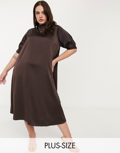 Атласное платье миди шоколадного цвета с высоким воротником Vero Moda Curve-Коричневый