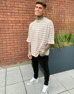 Oversized-футболка в полоску с вышивкой в виде рисунка ASOS DESIGN-Коричневый
