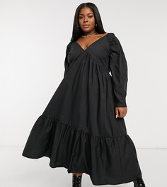 Черное хлопковое платье миди в стиле бэби-долл с воланом ASOS DESIGN Curve-Черный