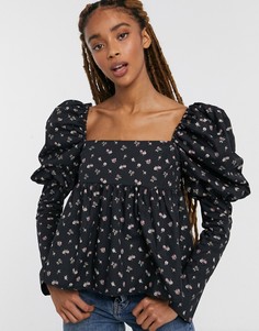 Хлопковый топ с пышными рукавами и цветочным принтом ASOS DESIGN-Мульти