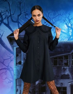 Черное короткое платье-рубашка на пуговицах с вышивкой ришелье и круглым воротником ASOS DESIGN-Черный
