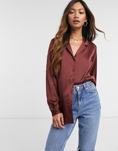 Свободная атласная рубашка ягодного цвета с длинными рукавами ASOS DESIGN-Коричневый