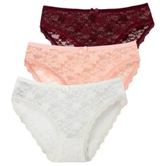 Magic lady Набор трусов кружевные слипы средней посадки, 3 шт., размер 46, бордовый/коралловый/шампань