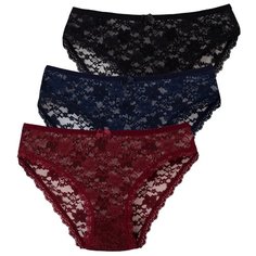 Magic lady Набор трусов кружевные слипы средней посадки, 3 шт., размер 46, черный/темно-синий/бордовый