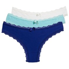Magic lady Набор трусов бразильяна с кружевом, 3 шт., размер 50, светло-бежевый/синий/бирюзовый