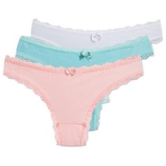Magic lady Набор трусов бразильяна с кружевом, 3 шт., размер 50, белый/бирюзовый/светло-розовый