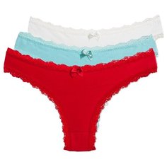 Magic lady Набор трусов бразильяна с кружевом, 3 шт., размер 50, светло-бежевый/бирюзовый/красный