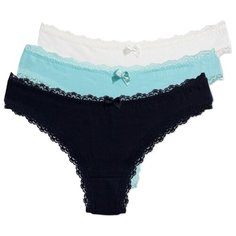 Magic lady Набор трусов бразильяна с кружевом, 3 шт., размер 50, светло-бежевый/бирюзовый/темно-синий