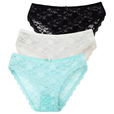 Magic lady Набор трусов кружевные слипы средней посадки, 3 шт., размер 46, черный/шампань/бирюзовый