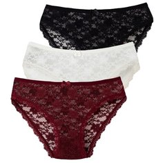 Magic lady Набор трусов кружевные слипы средней посадки, 3 шт., размер 46, черный/шампань/бордовый