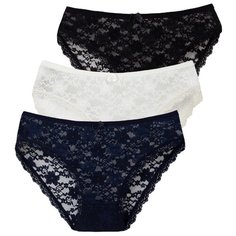 Magic lady Набор трусов кружевные слипы средней посадки, 3 шт., размер 46, черный/шампань/темно-синий