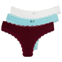 Magic lady Набор трусов бразильяна с кружевом, 3 шт., размер 48, светло-бежевый/бирюзовый/бордовый